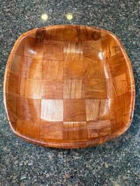 Vintage‎ Square Wood Serving Bowl Checkerboard Pattern 11.5"